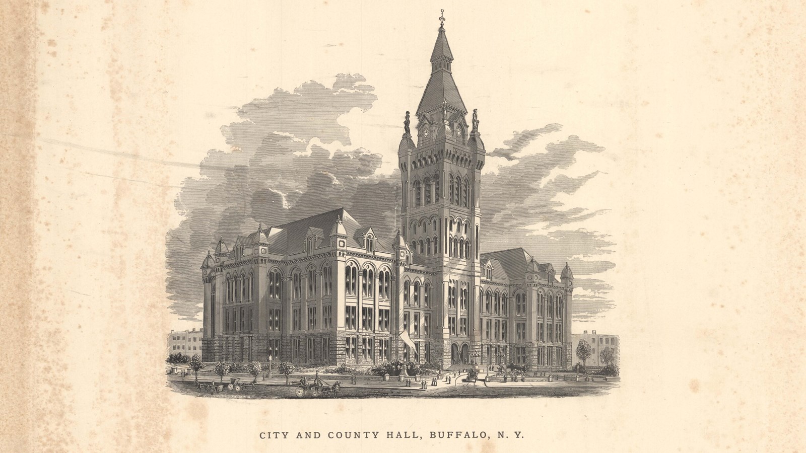 Pencil drawing of large building with trees in front