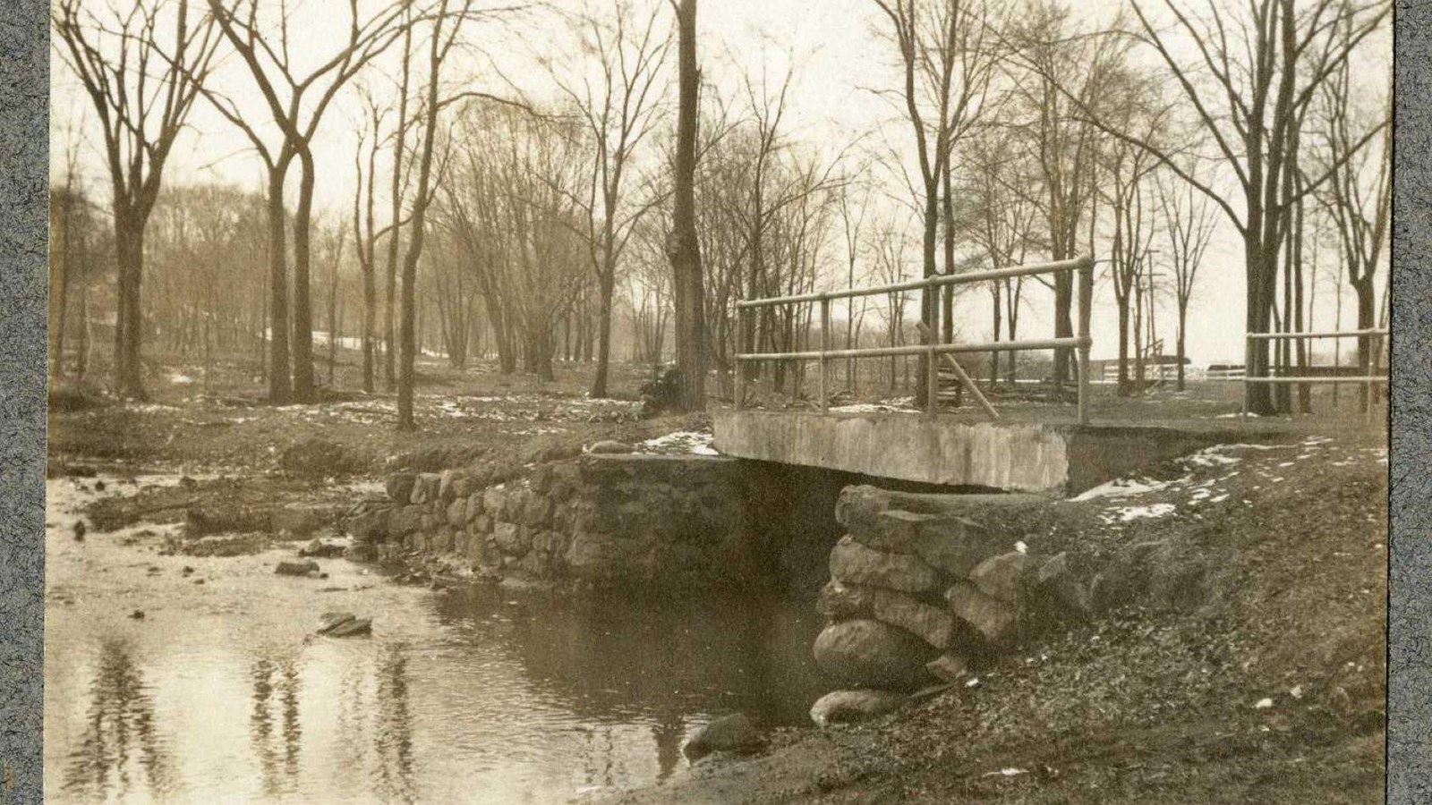 Black and white of bridge on stone slabs over water with trees all around