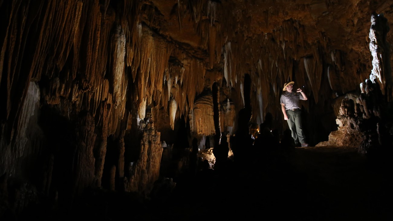 A ranger points at cave formations within a dark cave room.
