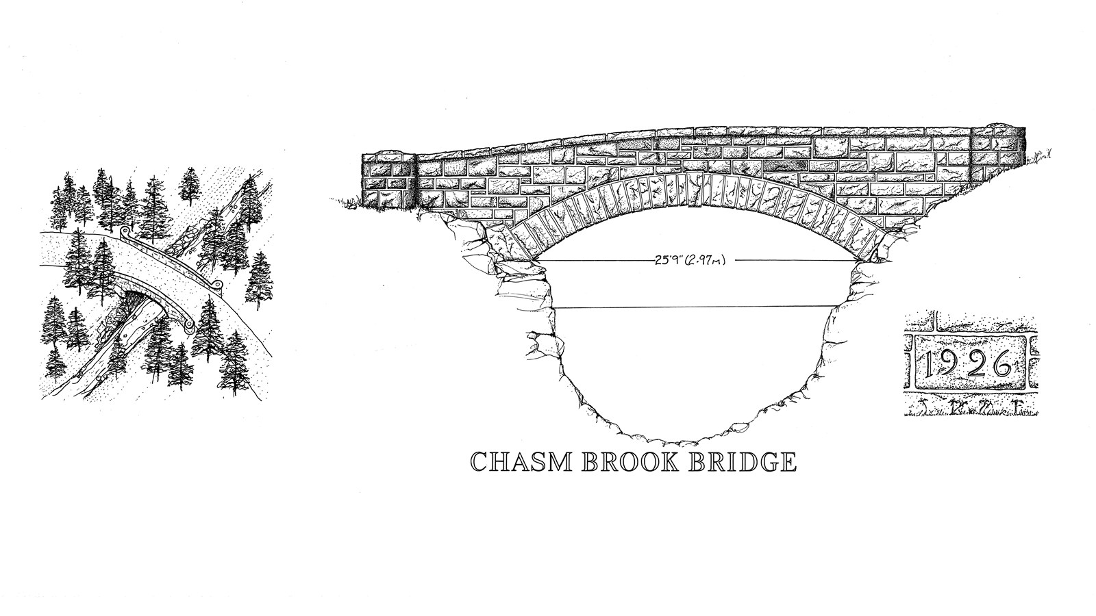 Line drawing of a masonry bridge along Acadia\'s historic carriage road system