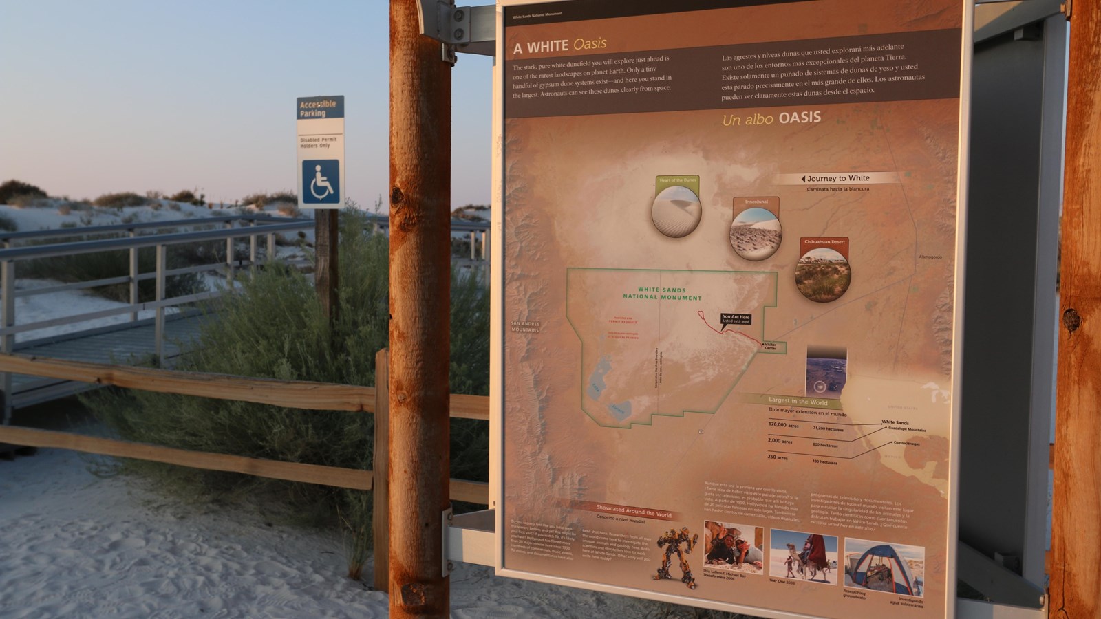 Brown sign detailing unique features of White Sands National Park.