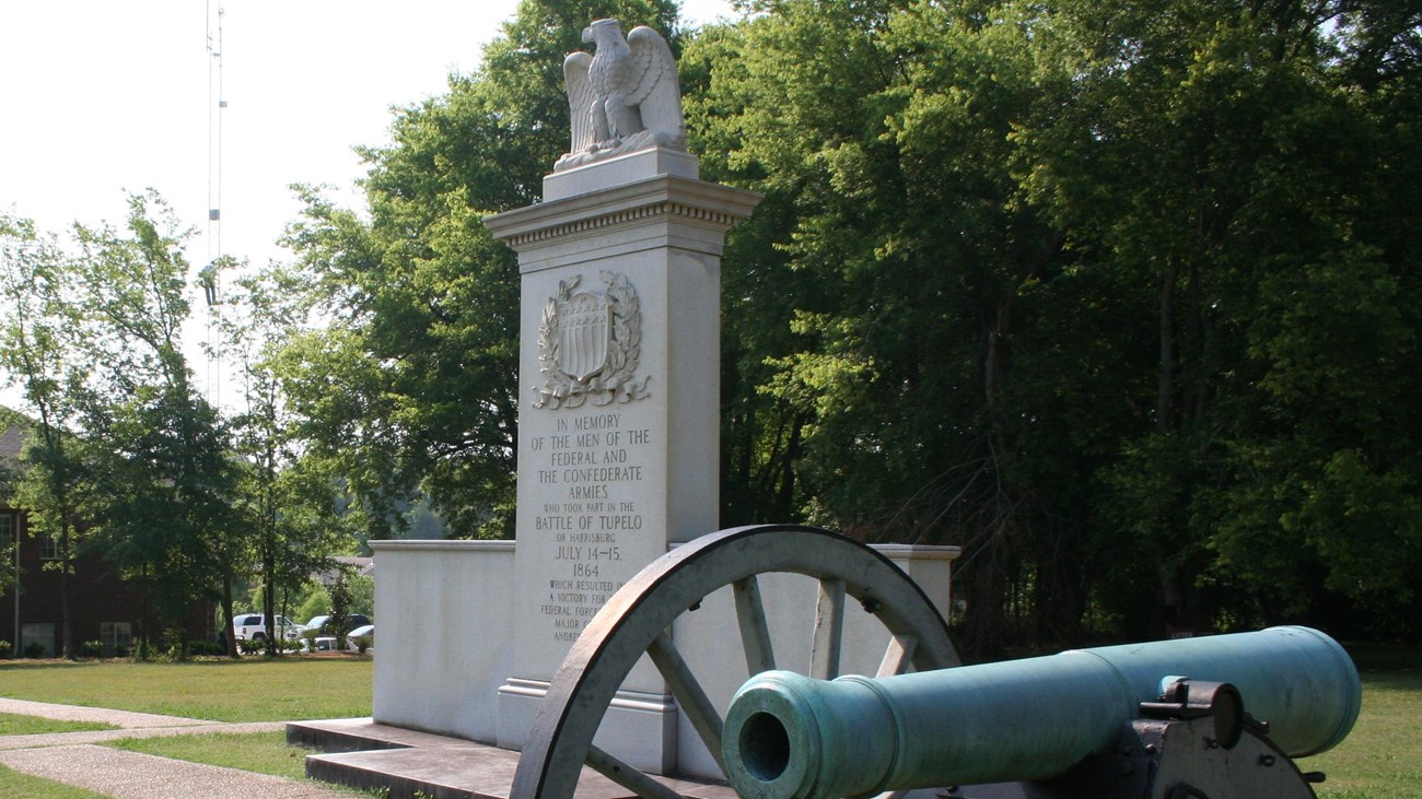 White granite monument with a carved eagle on top with 2 civil war cannons flanking monument