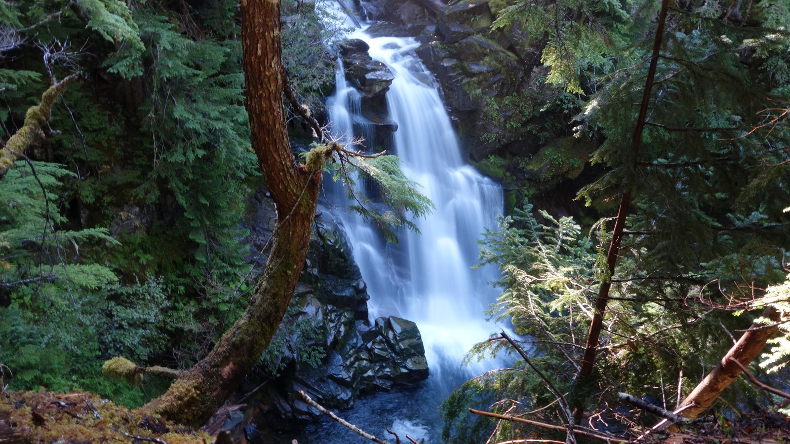 Horsetail-shaped waterfall about 50 feet tall