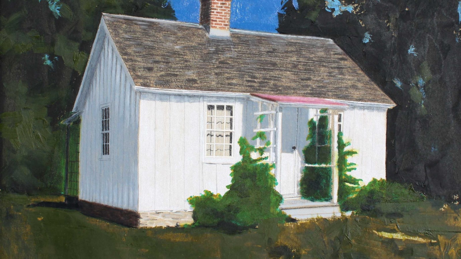 A small white cottage is depicted in a painting amid summer foliage.