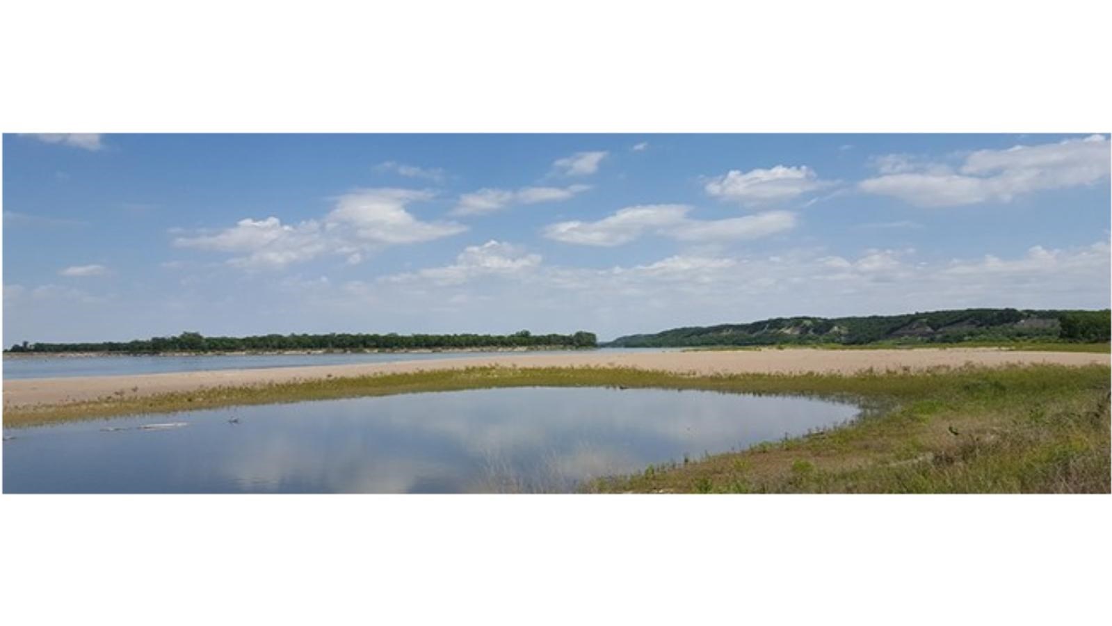Bow Creek river access with sandbar and and water in the left side of the image. Grass along water. 