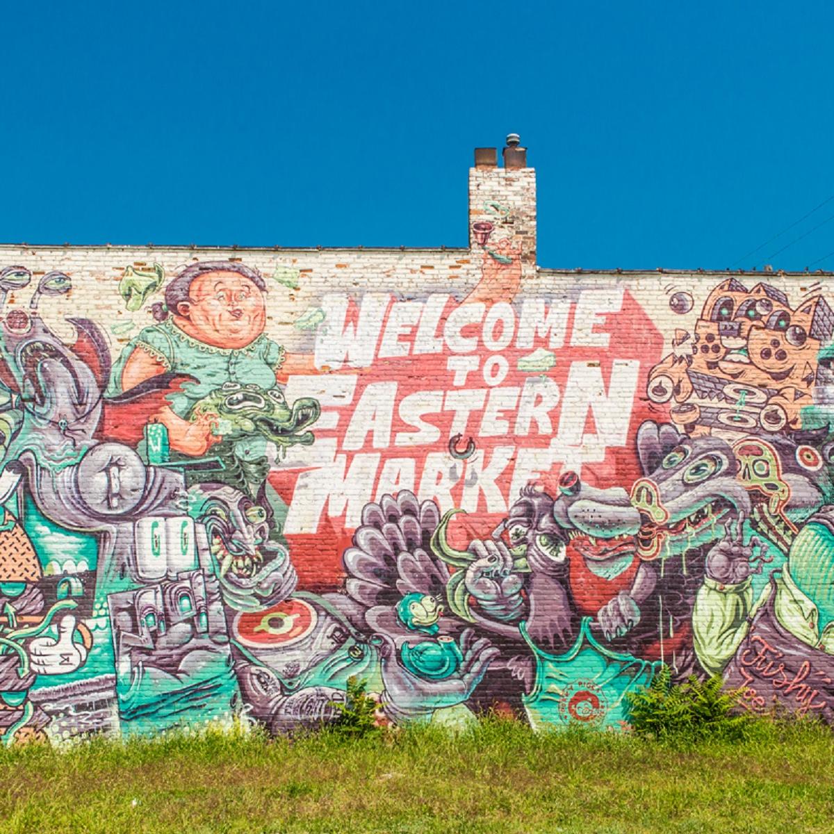Colorful building on brick building.