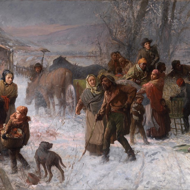 Painting of Freedom Seekers being helped by abolitionists on Underground Railroad