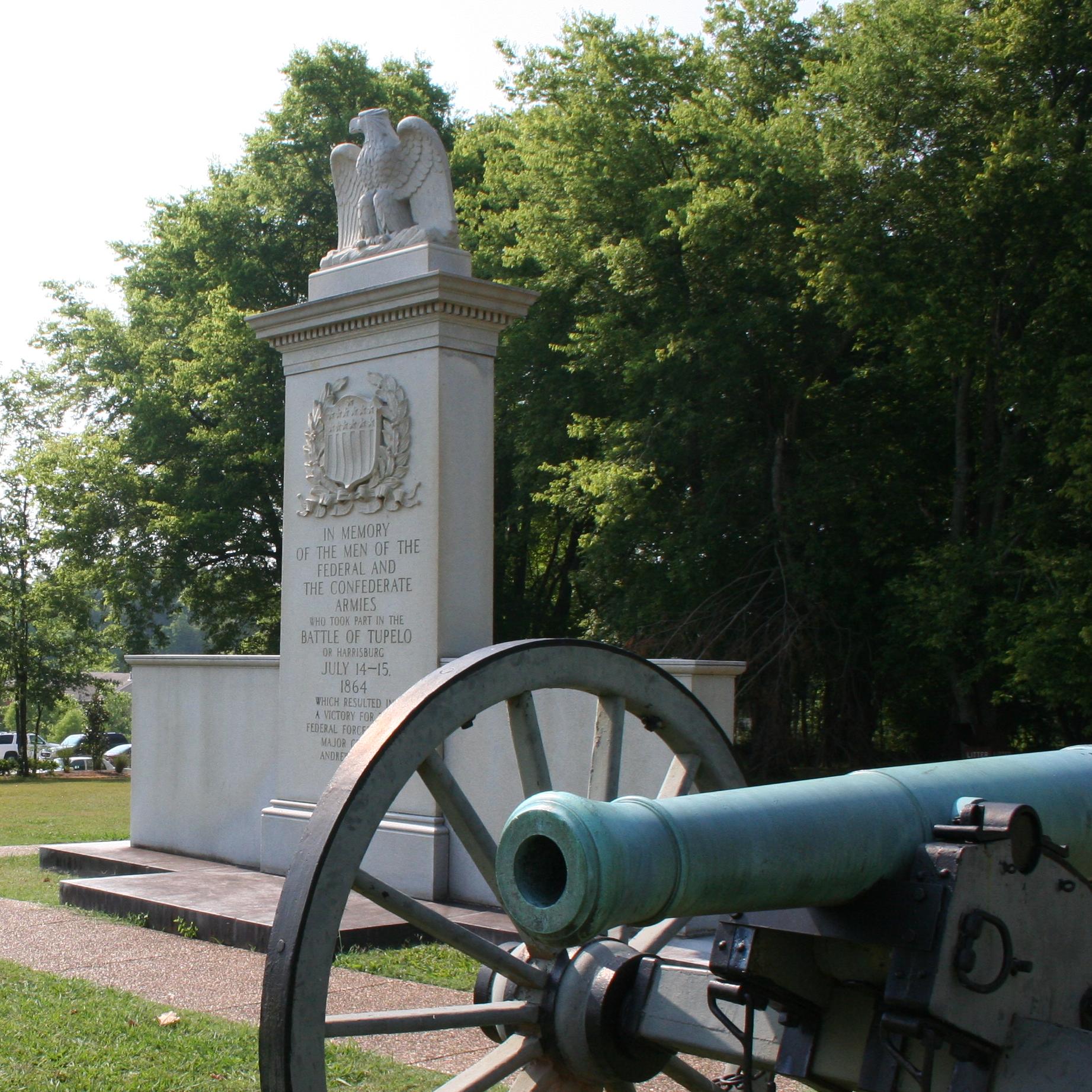 White granite monument with a carved eagle on top with 2 civil war cannons flanking monument