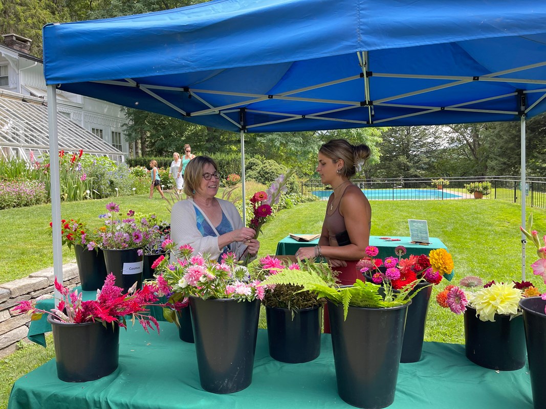 Two people stand under tent with buckets of flowers