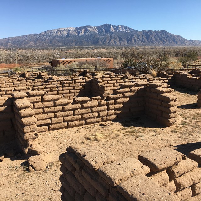 A weathered adobe wall with distant desert mountains.