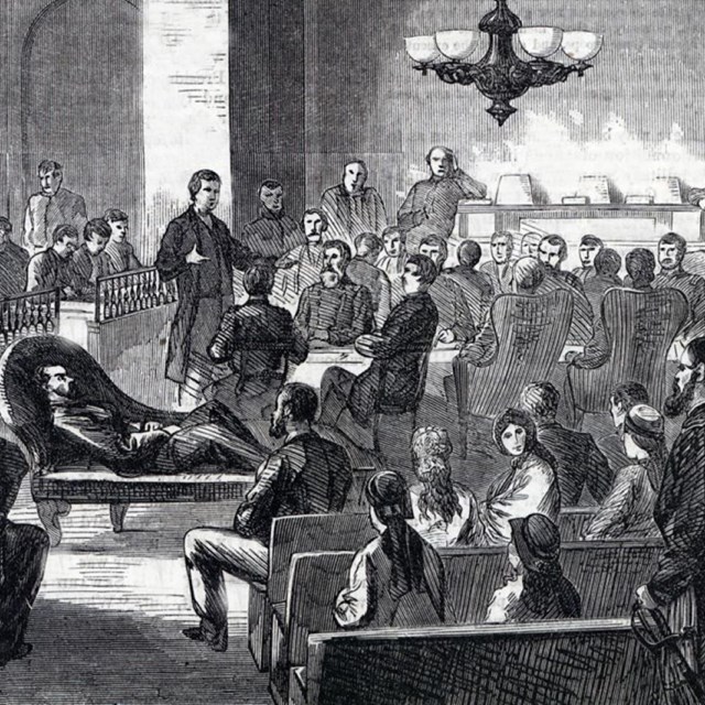 Newspaper drawing of courtroom trial