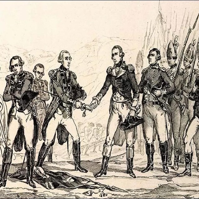 Illustration of revolutionary war era men in uniform shaking hands
