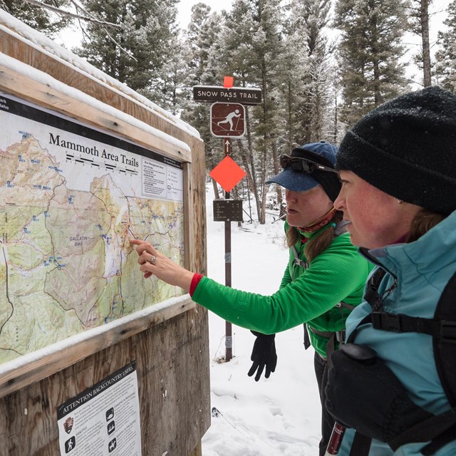 Two skiers reading a topo map on a bulletin board