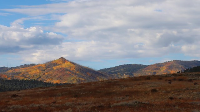 A view of mountains with red, orange, and gold trees.