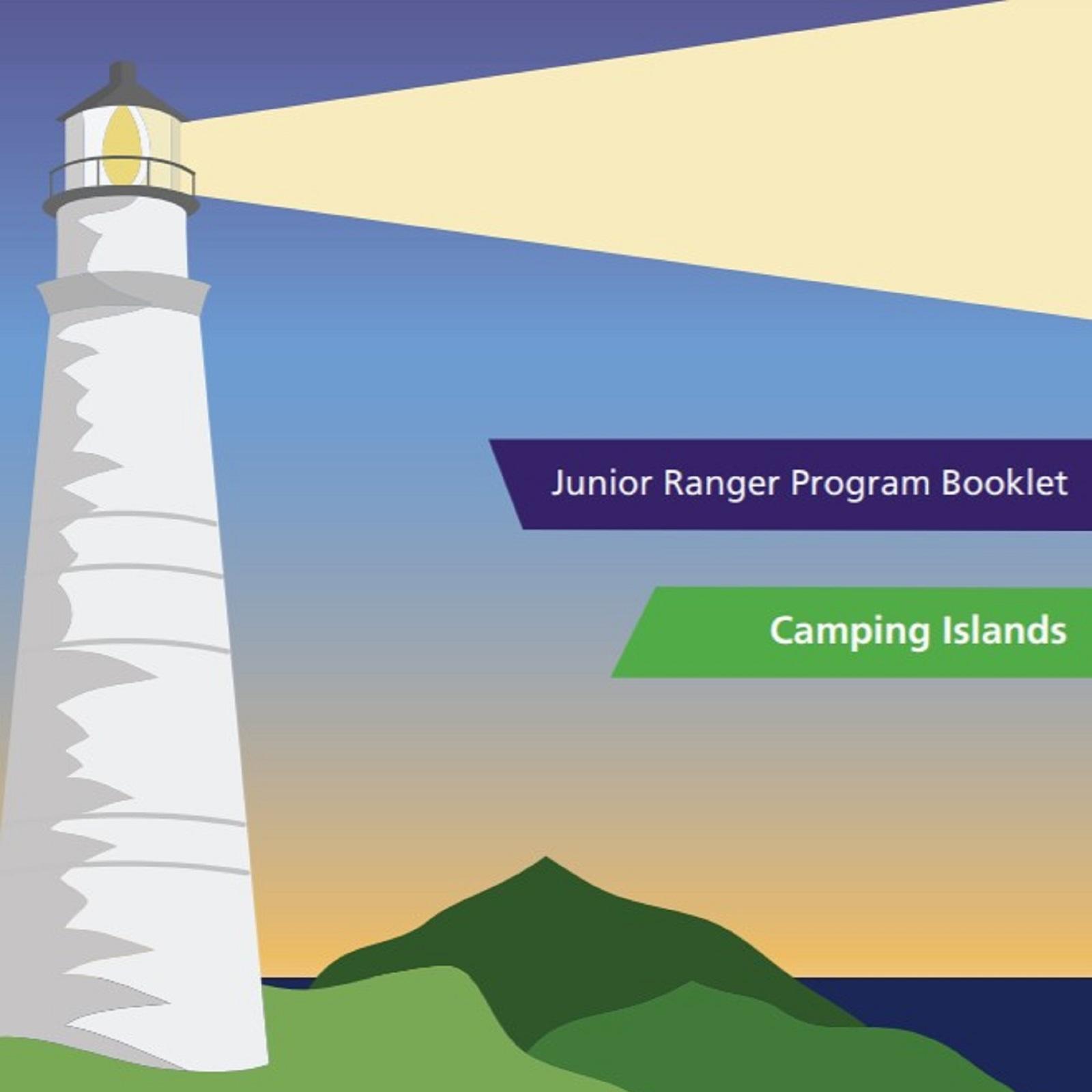 White lighthouse shining light to the right. Two green islands in the water behind it.