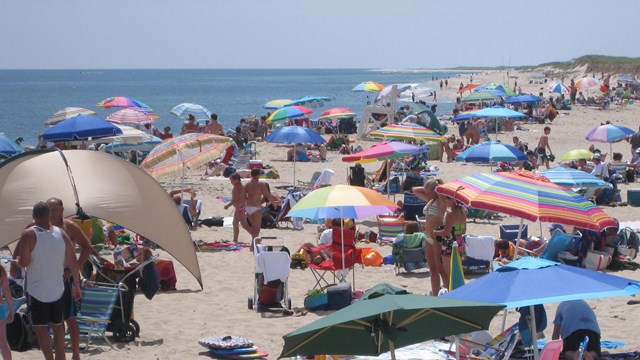 A group of beach visitors stretch out across a sandy beach with colorful blankets and umbrellas.