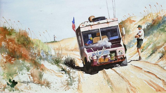 A painting of a beach truck between the dunes with a NPS ranger standing beside it/ 