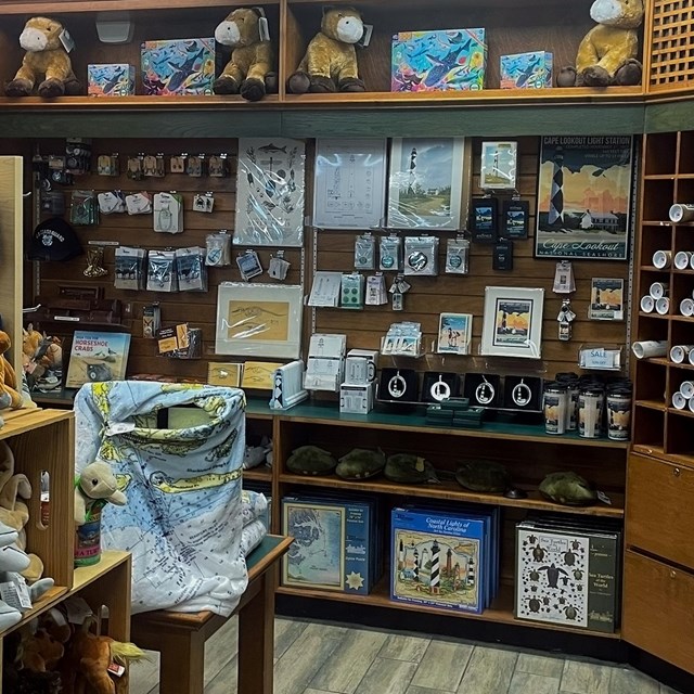 store with books, blankets, puzzles and other Cape Lookout items. 