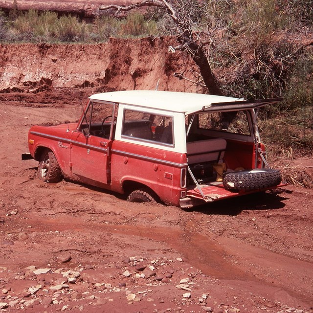 Jeep stuck in mudslide in Lavender Canyon area in 1977.