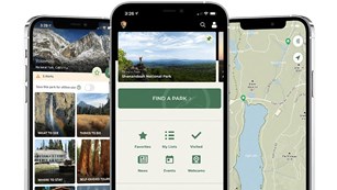 Three different page images of the NPS App are shown on different mobile phones. 