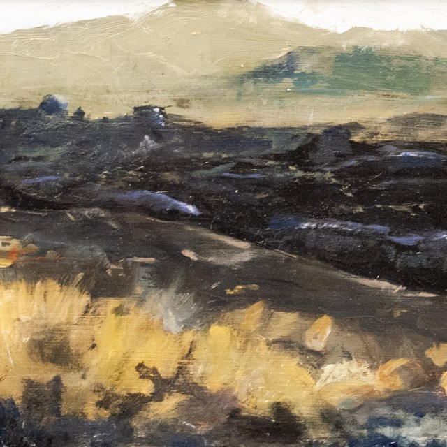 Painting of ropey, jagged lava with flowering brush in the foreground. 