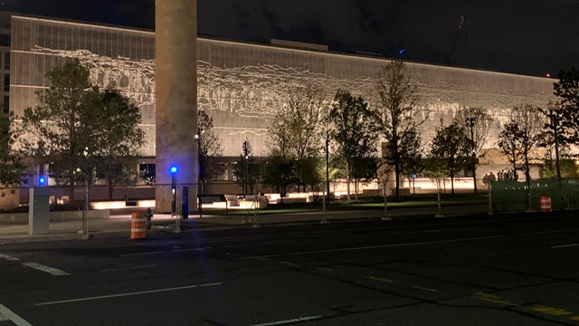 Photo of Dwight D. Eisenhower Memorial at night