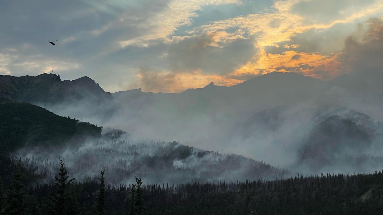 The Riley Fire in Denali National Park at sunset.