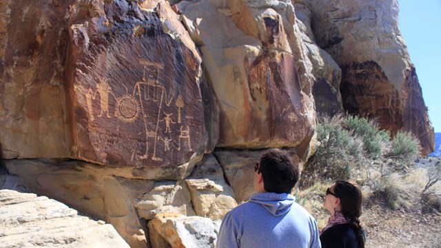 Two people view a panel of petroglyphs.