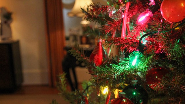 Colorful lights adorn a green Christmas tree in the Eisenhower home