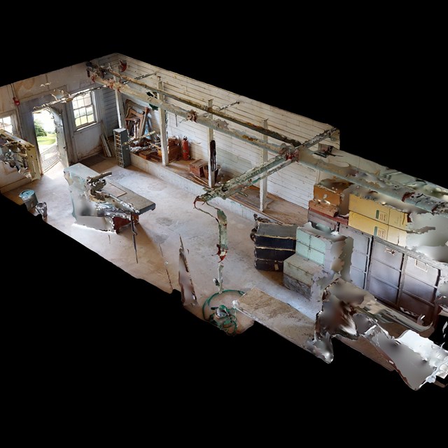 3D rendering of Eisenhower Bank Barn carpenter shop on a black background.