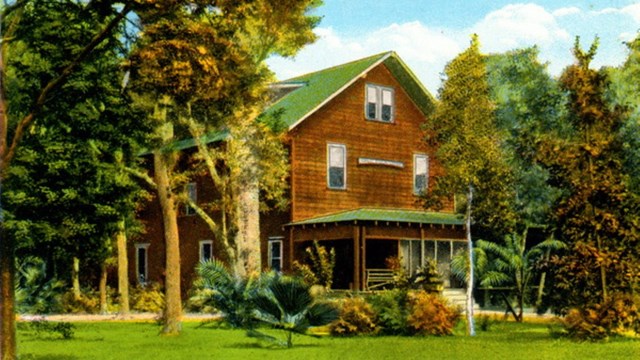 A postcard image of the historic Royal Palm Lodge, which is no longer.