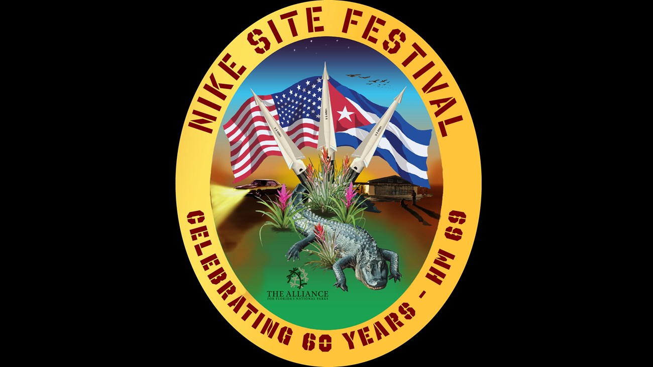 A logo of an alligator, missile barn, k-9 unit, muscle car, with ameria and cuba flags