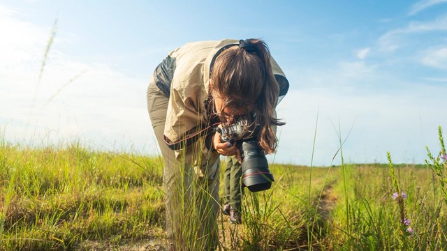 A person holding a camera is bent over facing the ground on a trail.