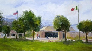 Painting of a visitor center with a US and Mexico flag outside 