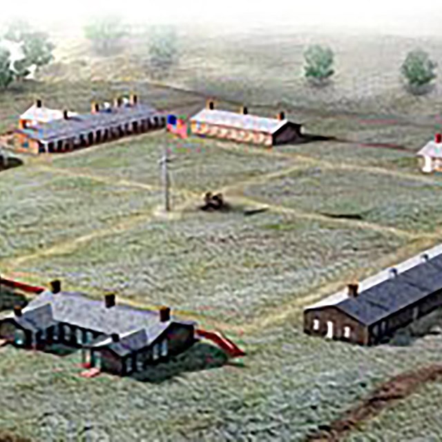 Aerial view artwork image of Fort Larned