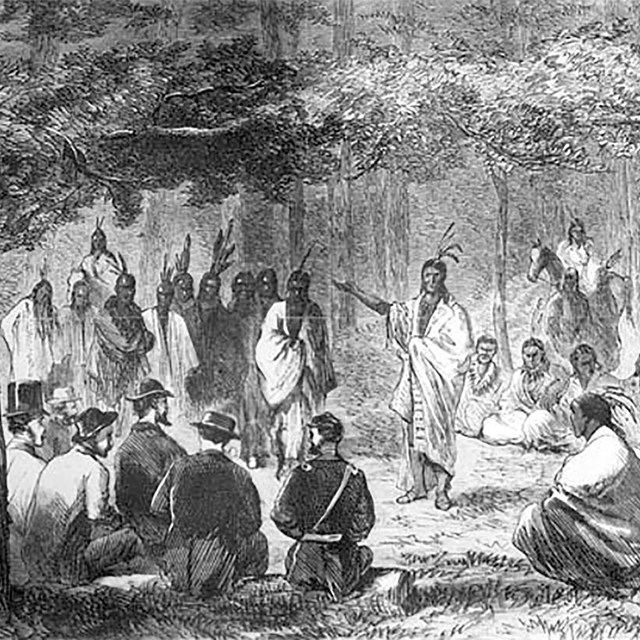 Historic drawing of Indians and soldiers meeting in the woods.