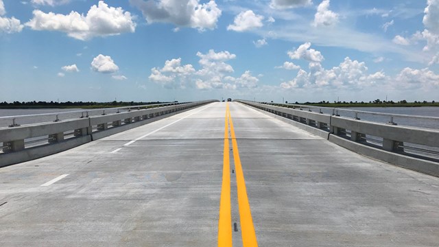 One end of a concrete bridge from the top.