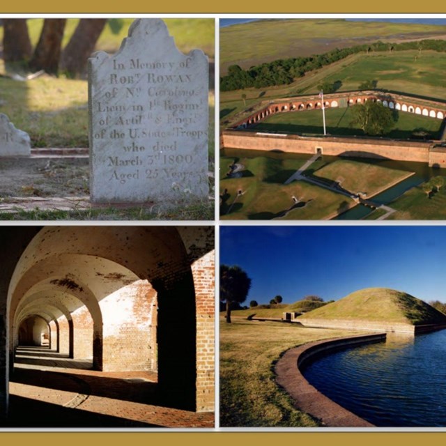 collage of photos, headstone, fort archways, Ariel of fort, fort moat