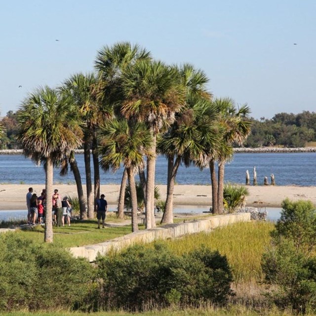 view of granite pier overlooking shoreline and river, people standing under palm trees.