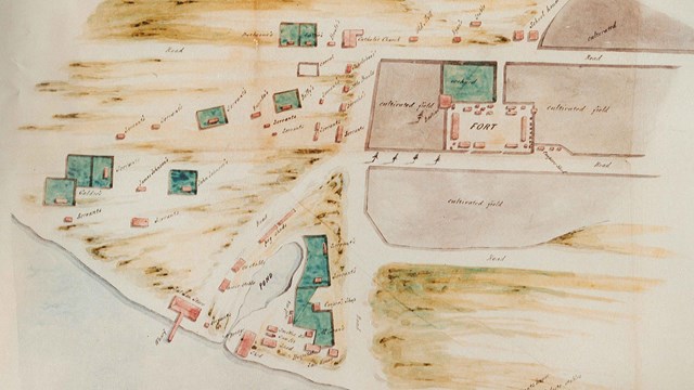 Old watercolor map of Fort Vancouver 