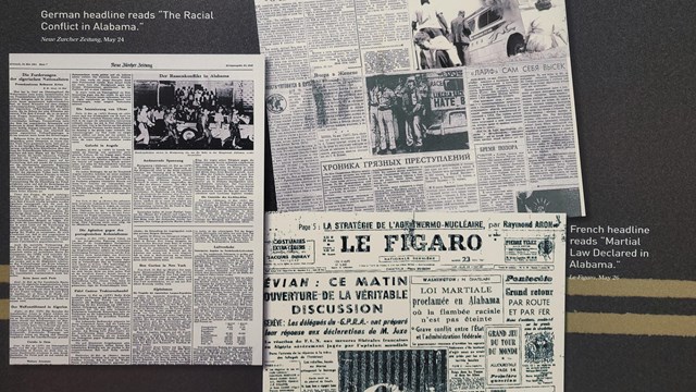 Newspapers from Germany, Russia, and France reporting on the Freedom Riders in America.