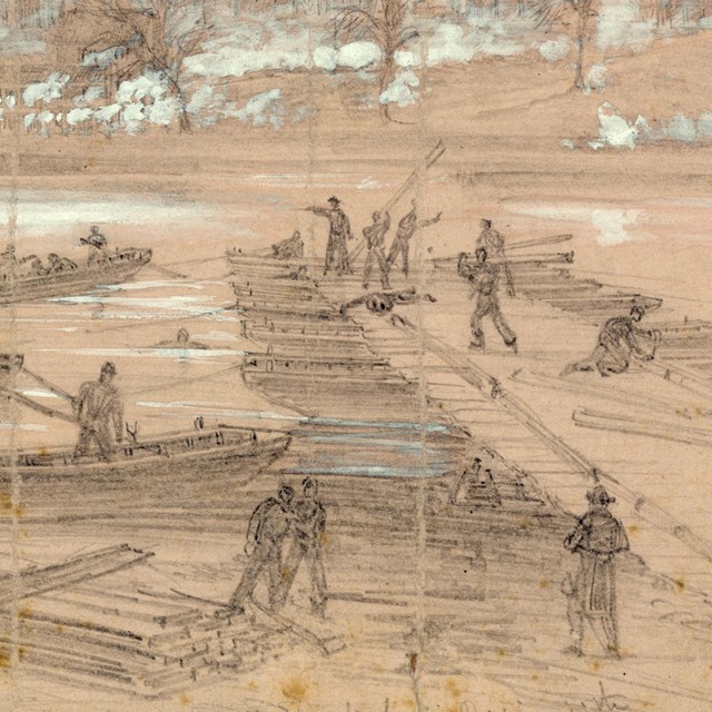 Sketch of soldiers building a pontoon bridge.