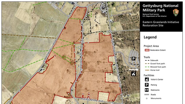 A map showing tan and green for different fields with a red layer over top to mark a project area.