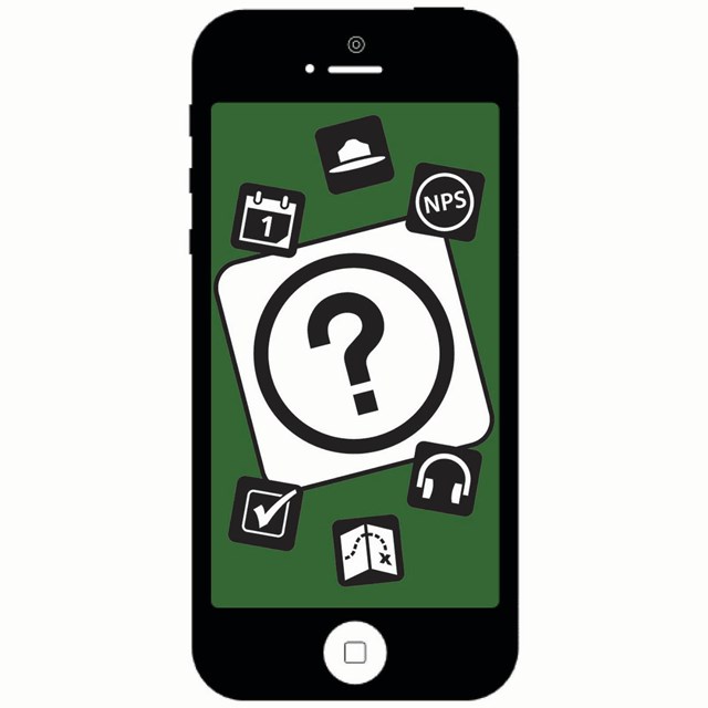 A smart phone with a green screen, a big question mark logo, and many other smaller logos.