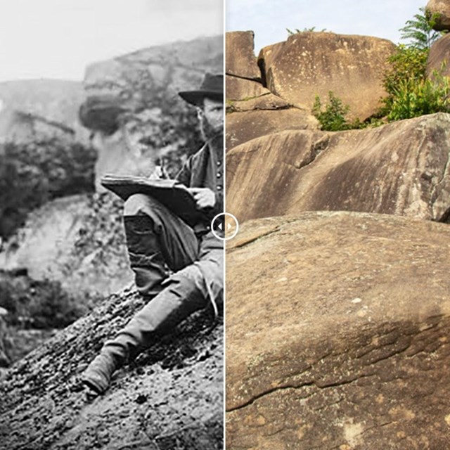 Split picture of Civil War sketch artist Alfred Waud sitting on a large rock among large boulders.