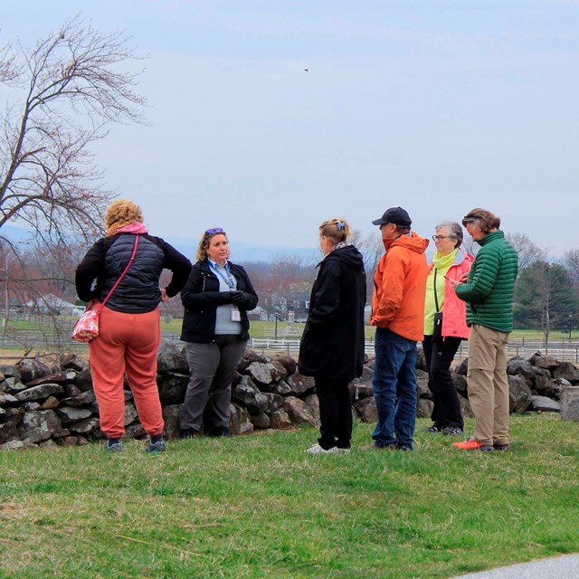 A group of visitors listen to a tour guide. The group stands in the grass next to a stone wall.