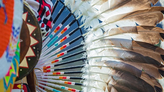 Brightly colored feathers and beads decorate a person.