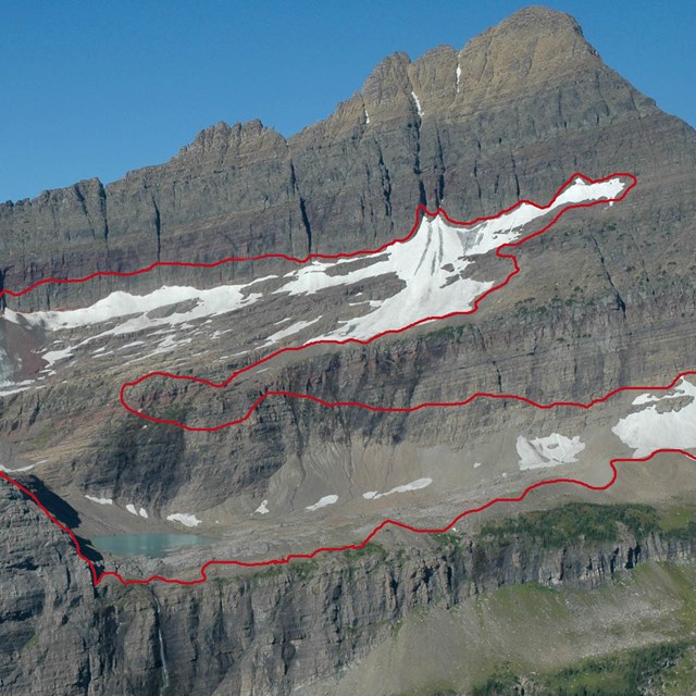 A red line outlines where a mountain glacier once was. 
