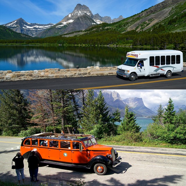 Red bus tour near WIld Goose Island overlook and Sun Tour in Many Glacier