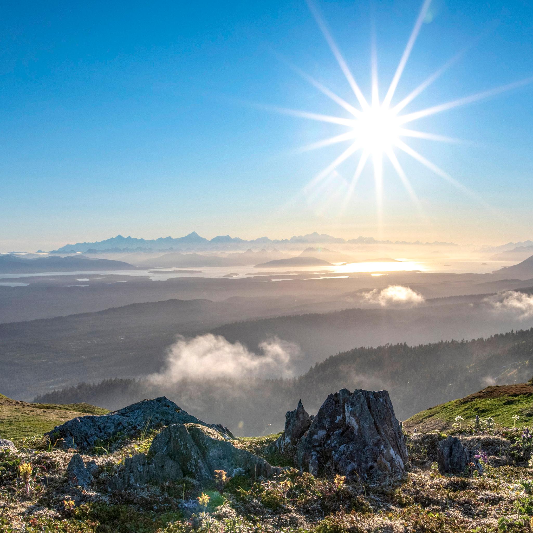a bright sun shines over a landscape with alpine rocks and moss. Glacier Bay in the distance.